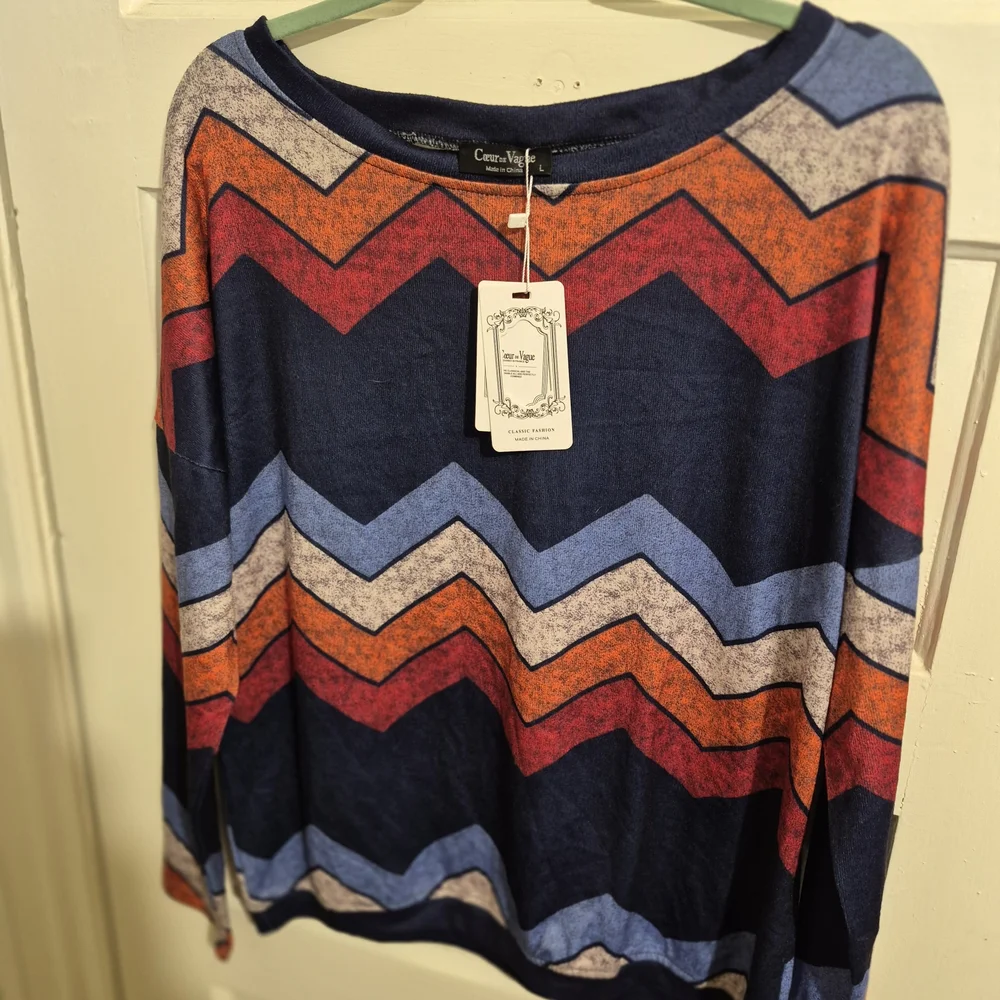 Chevron Stripe Long-Sleeve Tee in Navy, Orange & Red - Picture 2 of 6